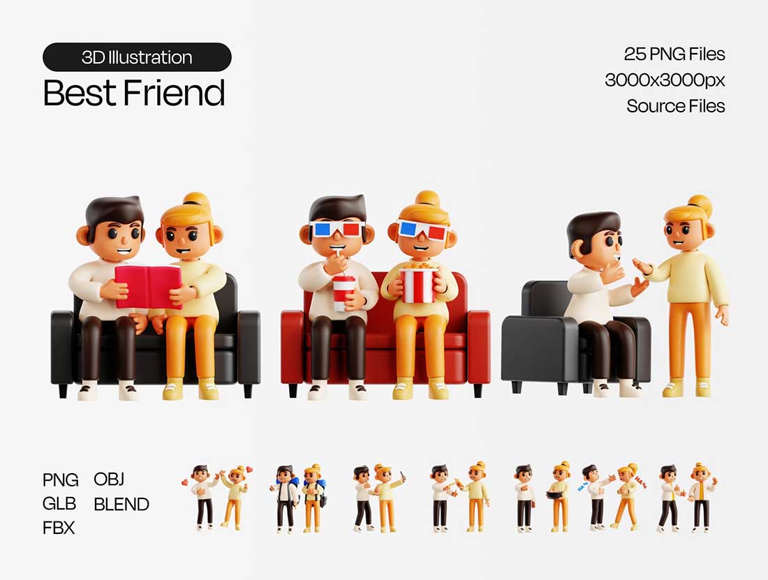 25个精美的卡通人物角色3D图标模型素材(Blender,FBX,OBJ,PNG) Best Friend 3D Icon Set