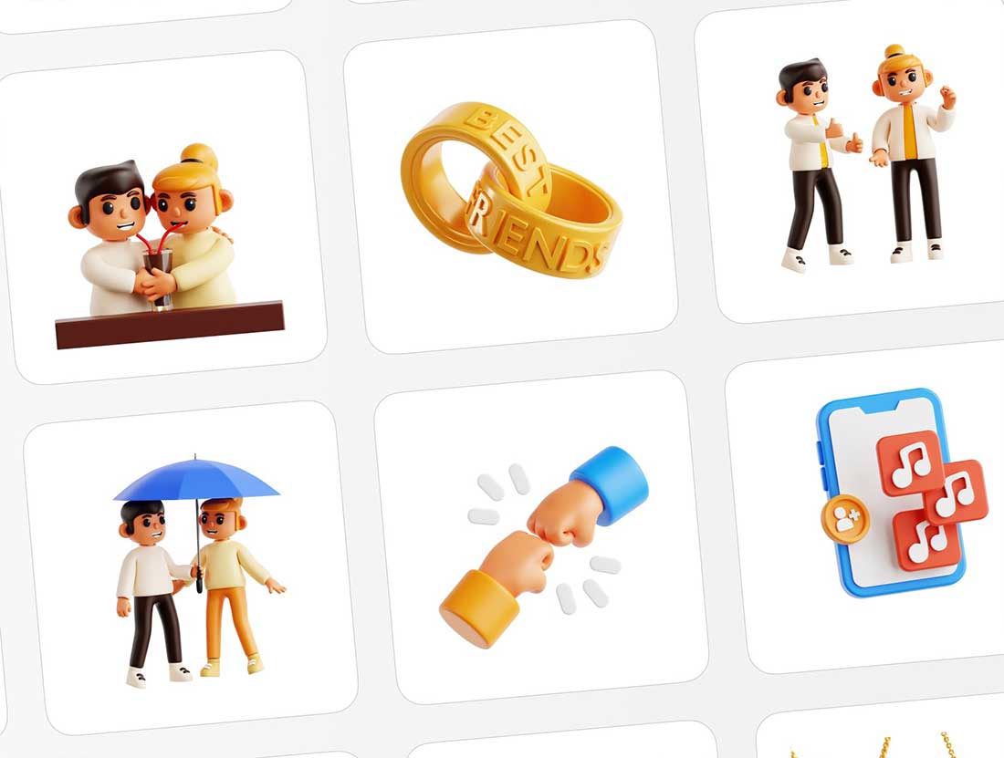 25个精美的卡通人物角色3D图标模型素材(Blender,FBX,OBJ,PNG) Best Friend 3D Icon Set