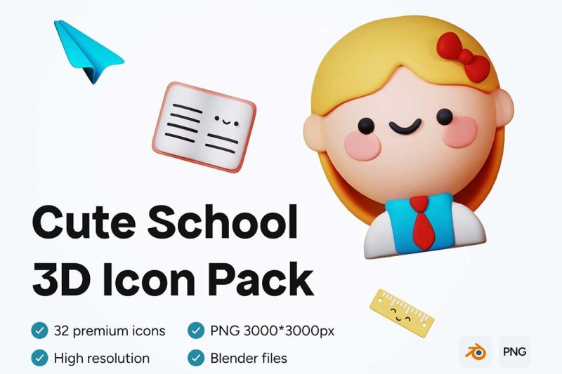 32个Blender可爱卡通学校校园相关3D图标模型素材(Blender,PNG) 3D Cute School Icons