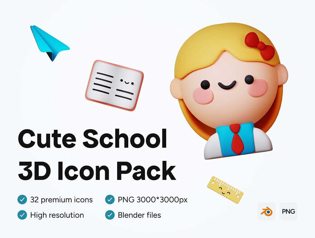 32个Blender可爱卡通学校校园相关3D图标模型素材(Blender,PNG) 3D Cute School Icons