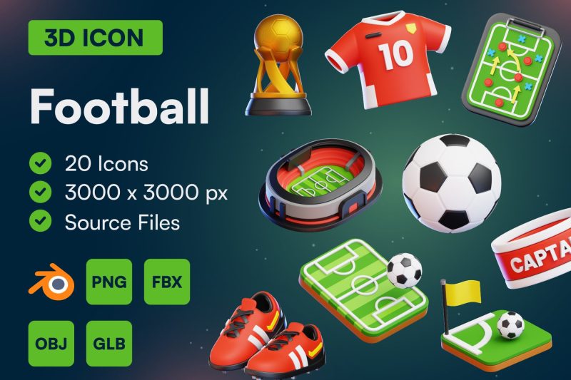 20个高质量卡通足球球鞋球衣相关3D图标模型素材(Blender,FBX,IBH,PNG) 20 Football 3D Icon Set