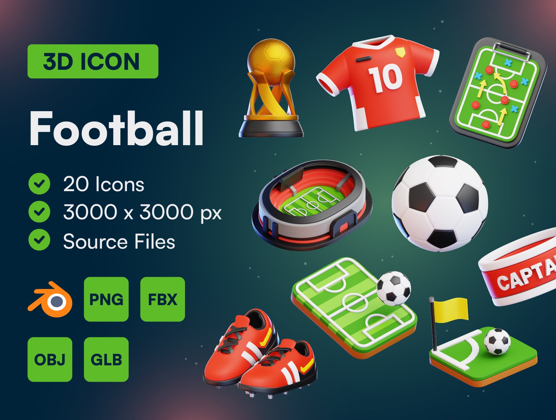 20个高质量卡通足球球鞋球衣相关3D图标模型素材(Blender,FBX,IBH,PNG) 20 Football 3D Icon Set