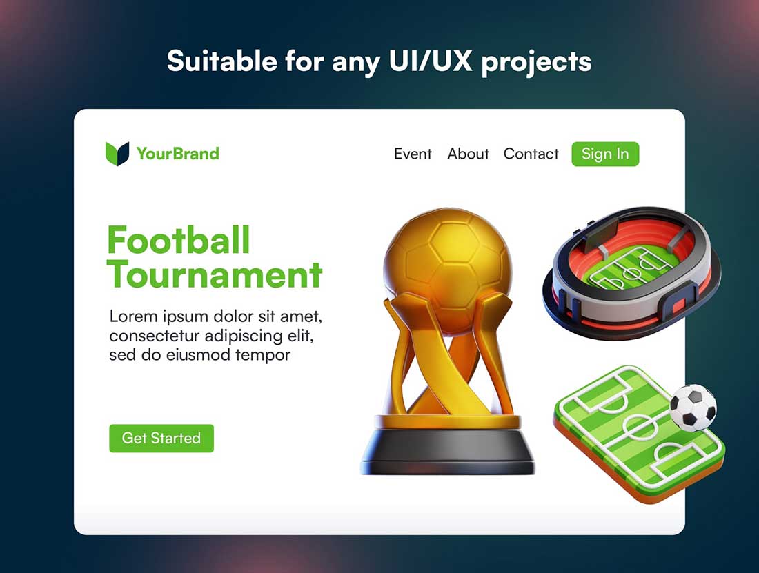 20个高质量卡通足球球鞋球衣相关3D图标模型素材(Blender,FBX,IBH,PNG) 20 Football 3D Icon Set