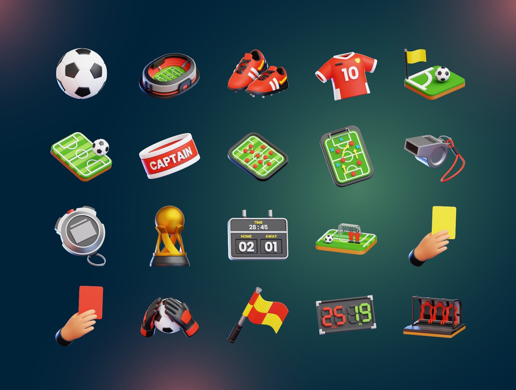 20个高质量卡通足球球鞋球衣相关3D图标模型素材(Blender,FBX,IBH,PNG) 20 Football 3D Icon Set