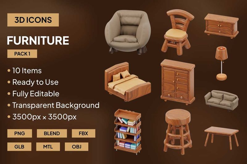 10款椅子沙发床家具3D模型素材下载(Blender,FBX,OBJ,PNG) 10 3D Furniture Icon Pack 1