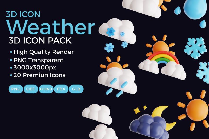 20款卡通天气3D图标模型素材下载(Blender,FBX,OBJ,PNG) 20 Perfect 3D Weather Icon Pack