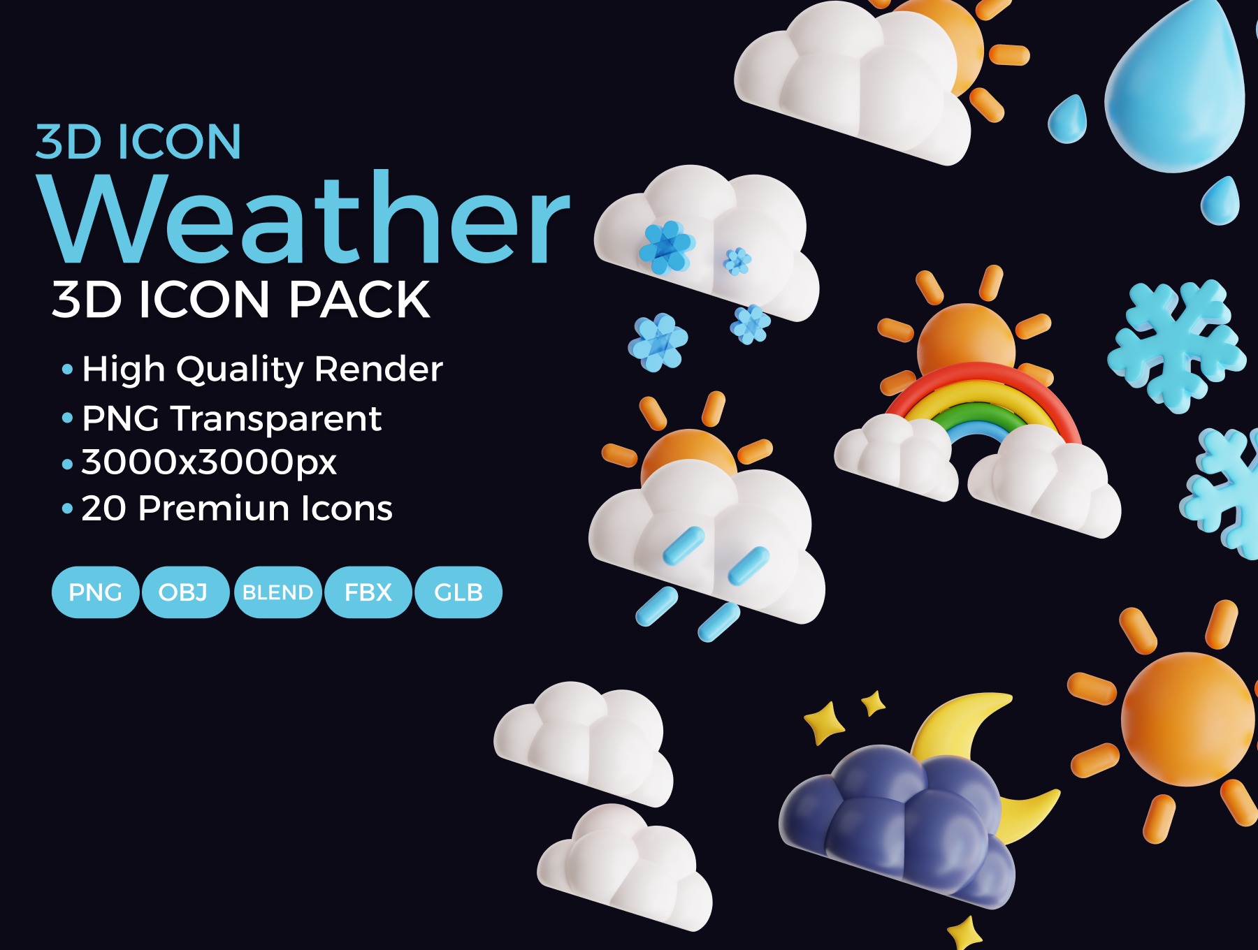 20款卡通天气3D图标模型素材下载(Blender,FBX,OBJ,PNG) 20 Perfect 3D Weather Icon Pack