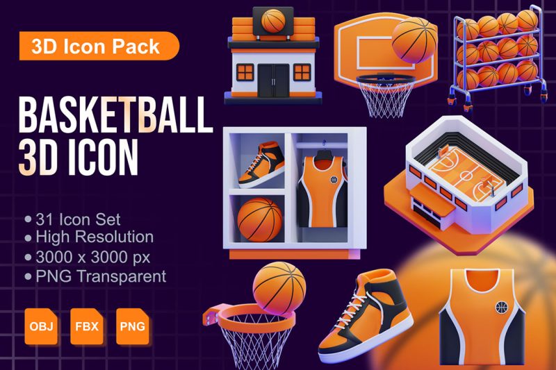 31个高品质卡通篮球运动主题3D图标模型素材(FBX,OBJ,PNG) Basketball 3D Icons Packs