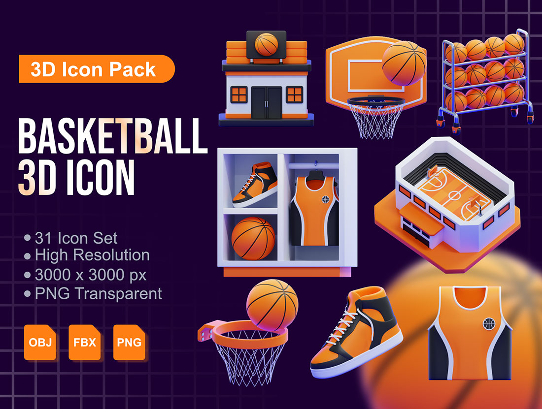 31个高品质卡通篮球运动主题3D图标模型素材(FBX,OBJ,PNG) Basketball 3D Icons Packs