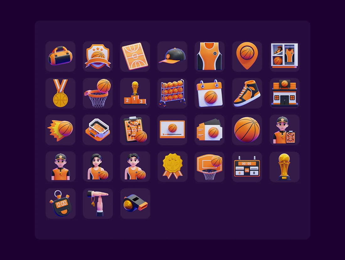 31个高品质卡通篮球运动主题3D图标模型素材(FBX,OBJ,PNG) Basketball 3D Icons Packs
