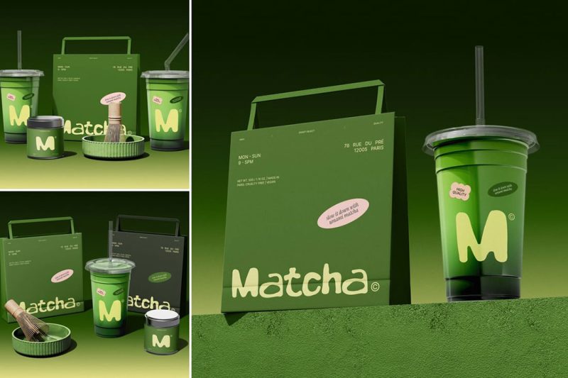 3款咖啡奶茶塑料杯子设计展示样机PSD素材 Matcha Branding Mockup
