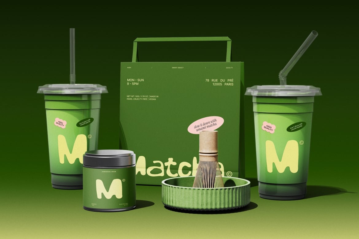 3款咖啡奶茶塑料杯子设计展示样机PSD素材 Matcha Branding Mockup