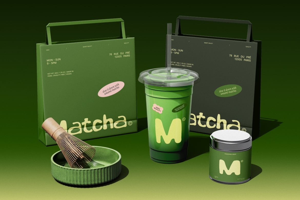 3款咖啡奶茶塑料杯子设计展示样机PSD素材 Matcha Branding Mockup
