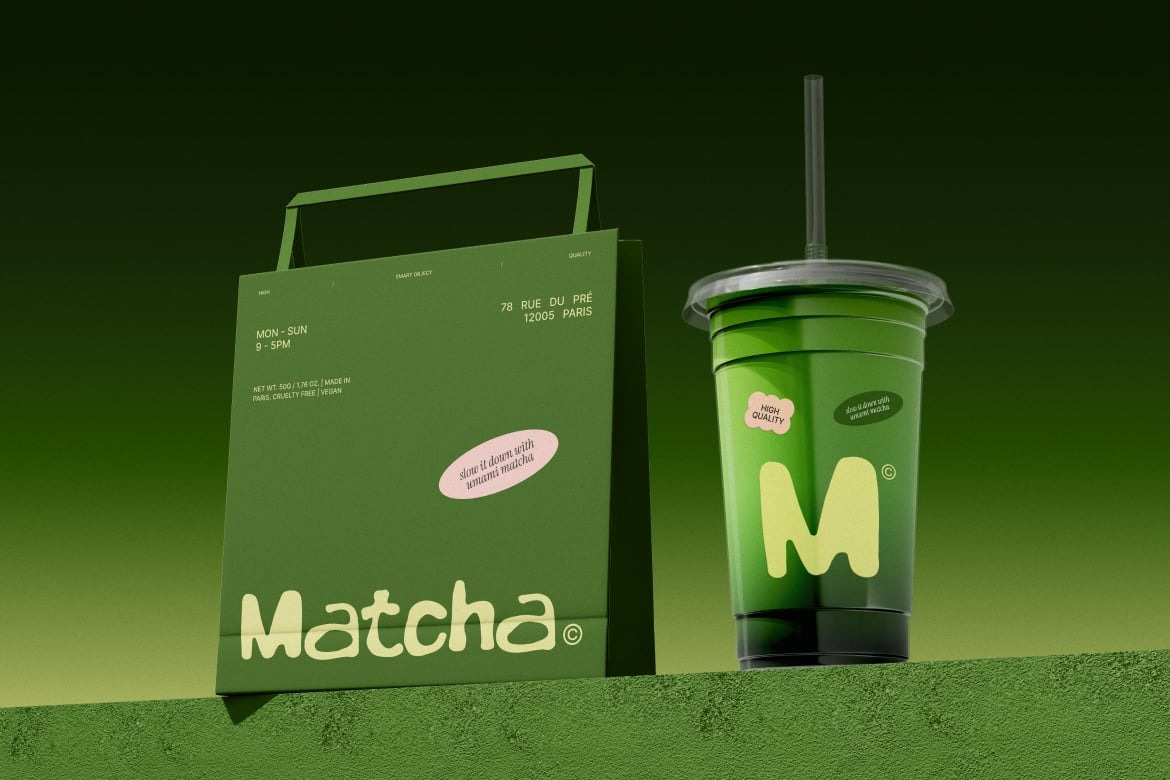 3款咖啡奶茶塑料杯子设计展示样机PSD素材 Matcha Branding Mockup