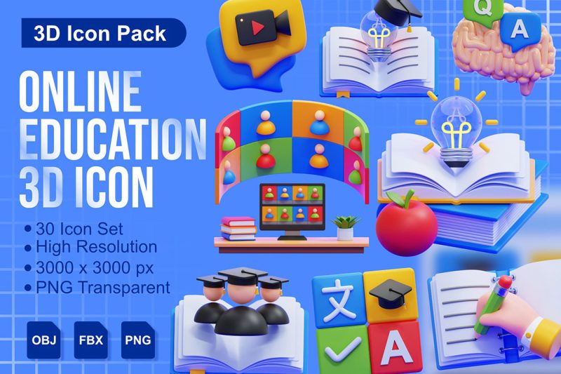 30个独特的在线教育3D图标模型素材(FBX,OBJ,PNG) Online Education 3D Icons Packs