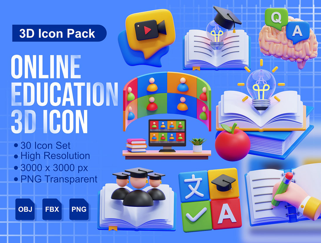 30个独特的在线教育3D图标模型素材(FBX,OBJ,PNG) Online Education 3D Icons Packs