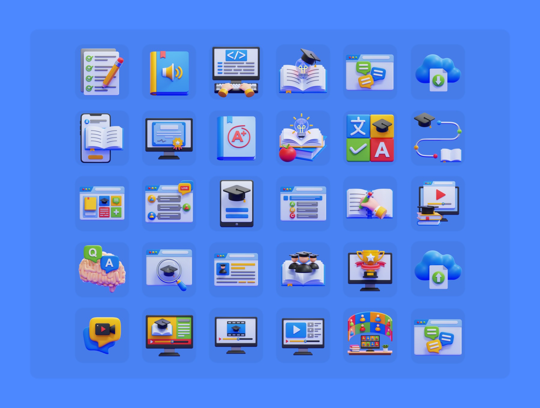 30个独特的在线教育3D图标模型素材(FBX,OBJ,PNG) Online Education 3D Icons Packs