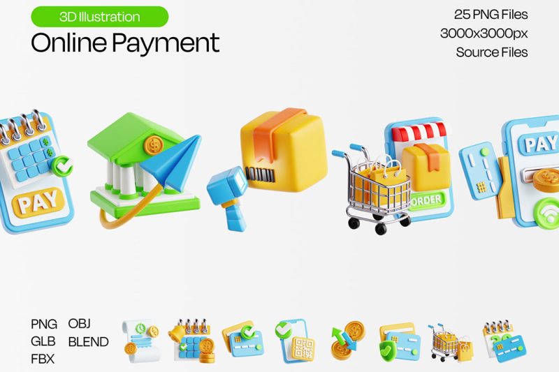 25个精美的在线支付主题3D图标模型素材(Blender,FBX,OBJ,PNG) Online Payment 3D Icon Set