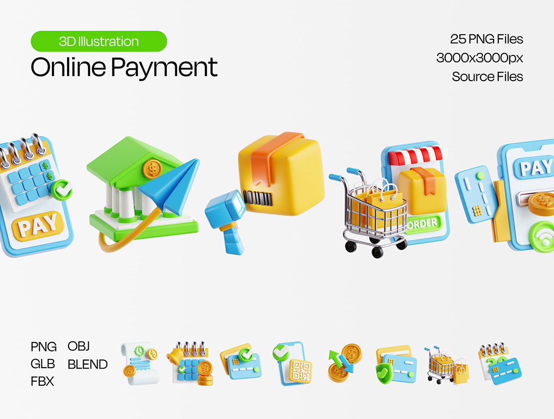 25个精美的在线支付主题3D图标模型素材(Blender,FBX,OBJ,PNG) Online Payment 3D Icon Set