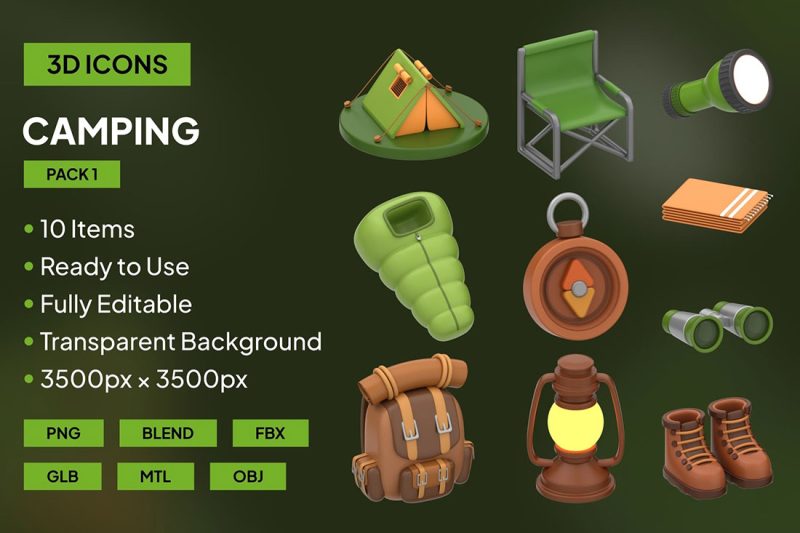 10个露营主题3D图标模型素材 10 3D Camping Icon Pack 1