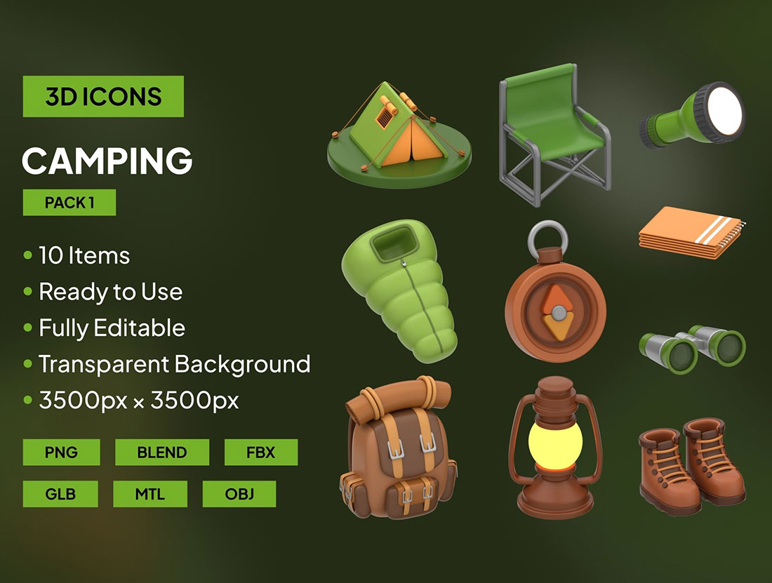10个露营主题3D图标模型素材 10 3D Camping Icon Pack 1