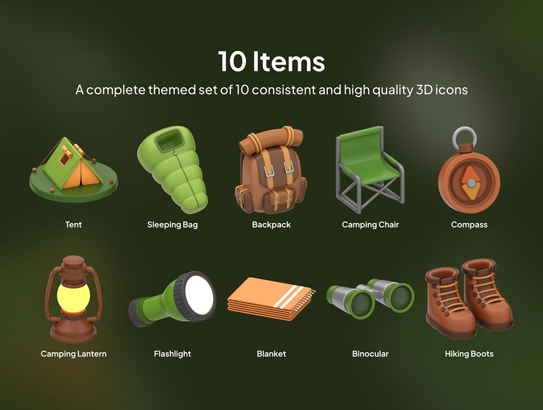 10个露营主题3D图标模型素材 10 3D Camping Icon Pack 1