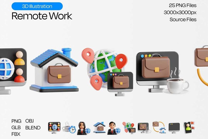25个精美的远程办公主题图标3D模型素材(Blender,FBX,OBJ,PNG) Remote Work 3D Icon Pack