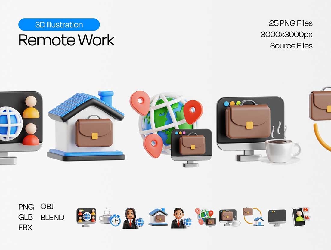 25个精美的远程办公主题图标3D模型素材(Blender,FBX,OBJ,PNG) Remote Work 3D Icon Pack