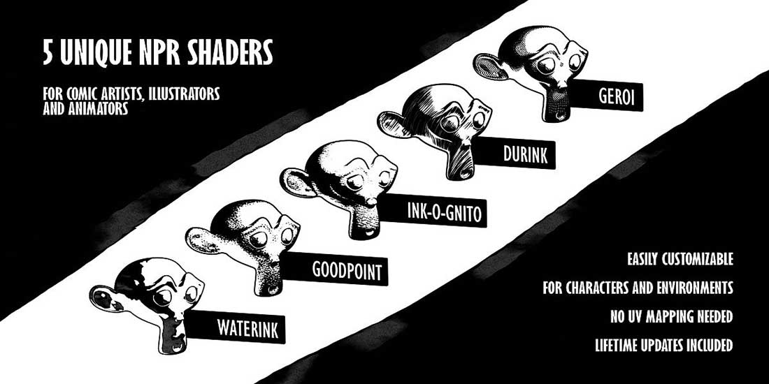 Blender水墨漫画手绘着色器资产预设 Inkwood V3.0 – Ink Drawing Shader Pack