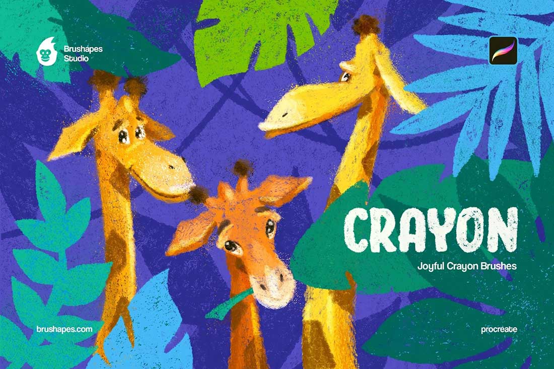 46款卡通儿童蜡笔插画蜡笔procreate笔刷调色板素材套装 Joyful Crayon Procreate Brushes