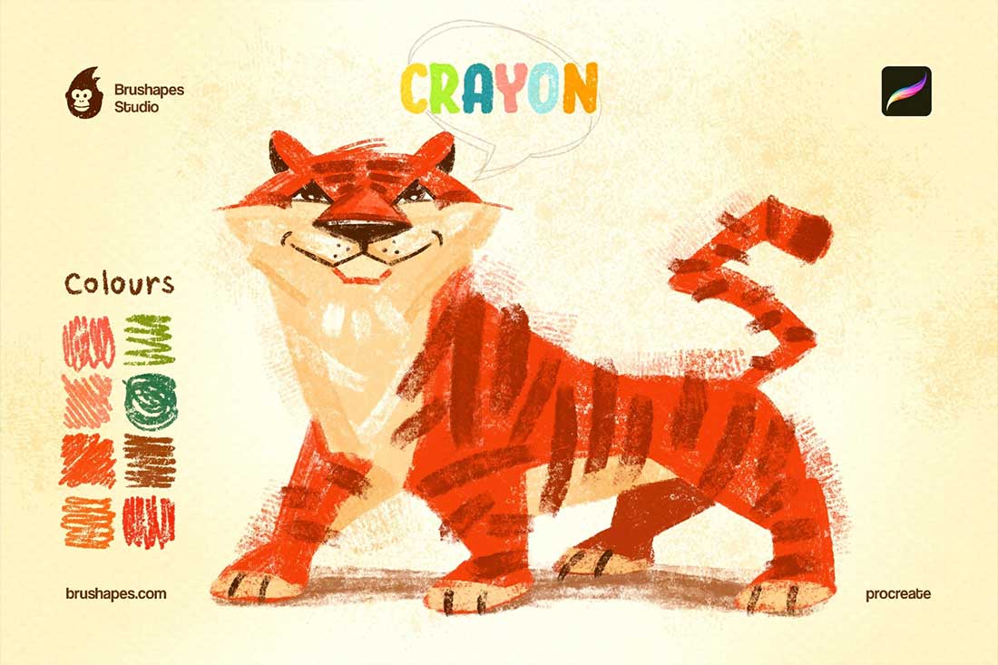 46款卡通儿童蜡笔插画蜡笔procreate笔刷调色板素材套装 Joyful Crayon Procreate Brushes