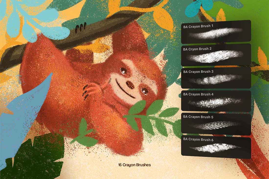 46款卡通儿童蜡笔插画蜡笔procreate笔刷调色板素材套装 Joyful Crayon Procreate Brushes