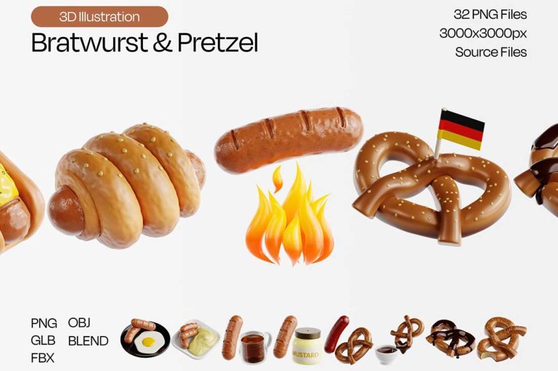 德式香肠椒盐脆饼食物图标3D模型素材下载(Blender,FBX,OBJ,PNG) Bratwurst & Pretzel 3D Icon Set