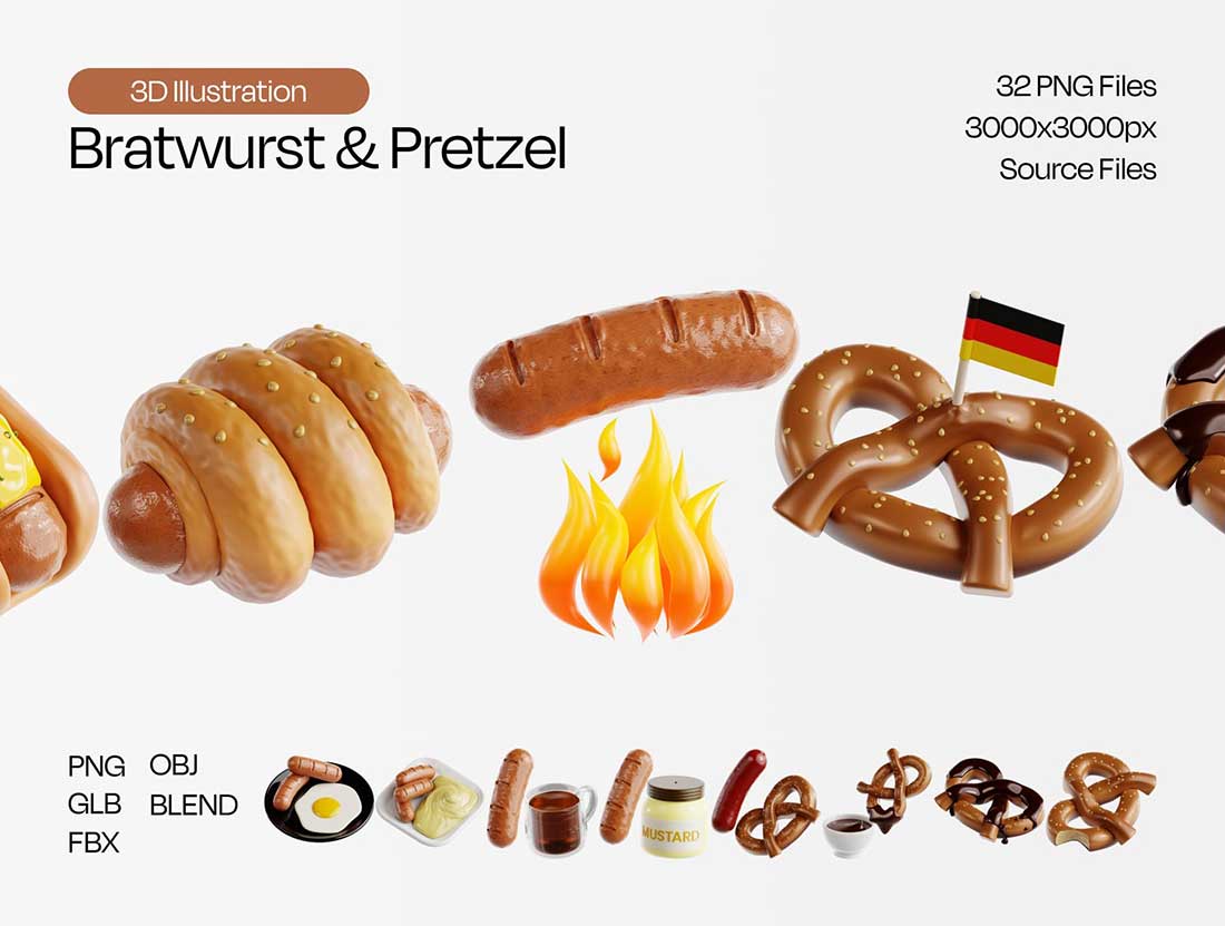 德式香肠椒盐脆饼食物图标3D模型素材下载(Blender,FBX,OBJ,PNG) Bratwurst & Pretzel 3D Icon Set