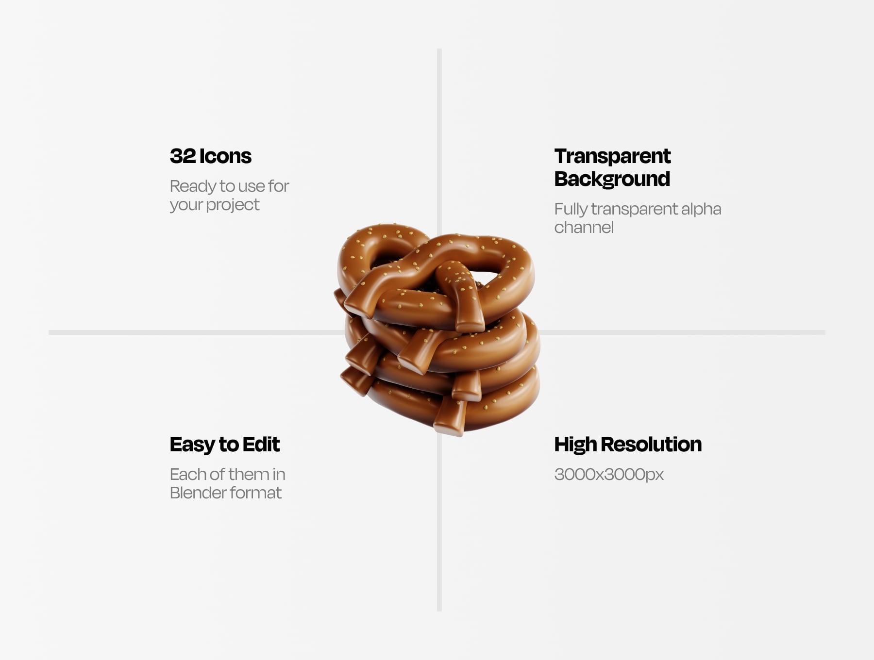 德式香肠椒盐脆饼食物图标3D模型素材下载(Blender,FBX,OBJ,PNG) Bratwurst & Pretzel 3D Icon Set