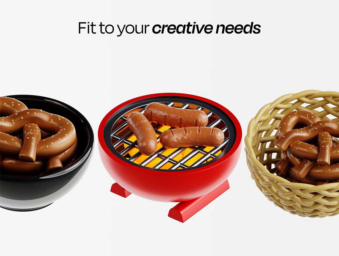 德式香肠椒盐脆饼食物图标3D模型素材下载(Blender,FBX,OBJ,PNG) Bratwurst & Pretzel 3D Icon Set