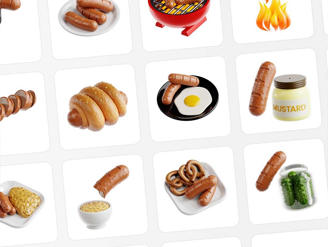 德式香肠椒盐脆饼食物图标3D模型素材下载(Blender,FBX,OBJ,PNG) Bratwurst & Pretzel 3D Icon Set