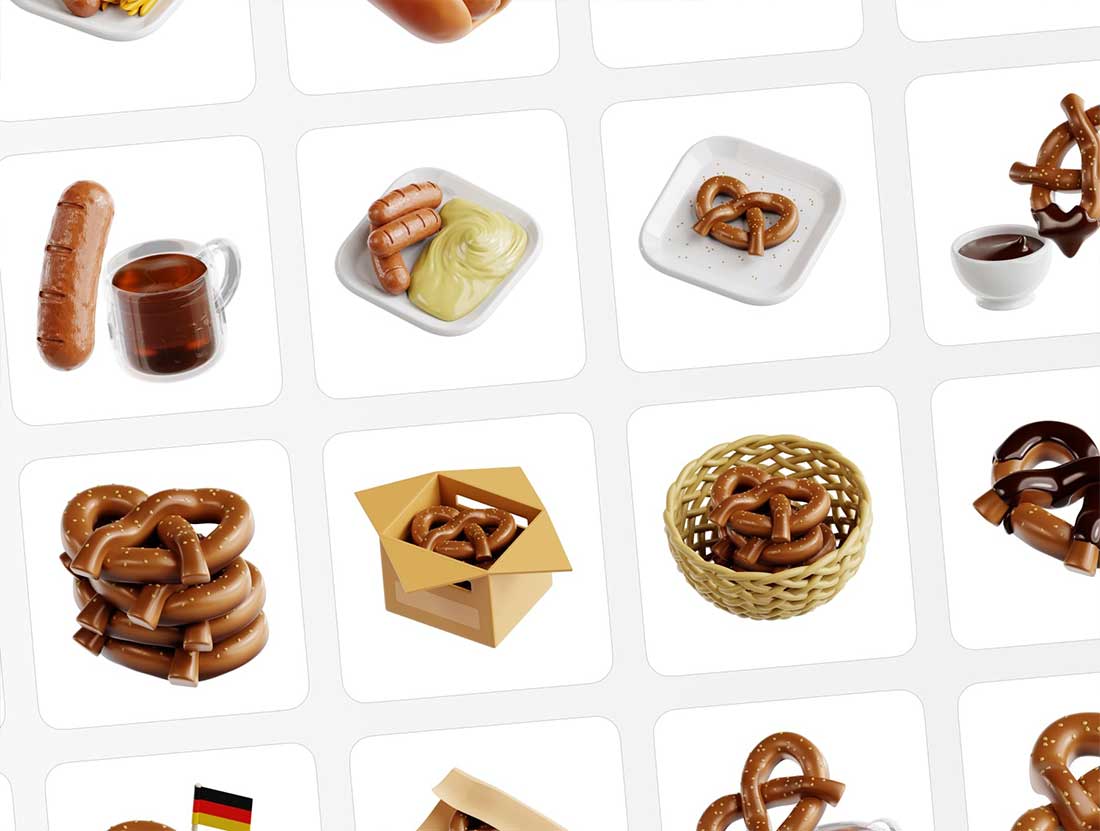 德式香肠椒盐脆饼食物图标3D模型素材下载(Blender,FBX,OBJ,PNG) Bratwurst & Pretzel 3D Icon Set