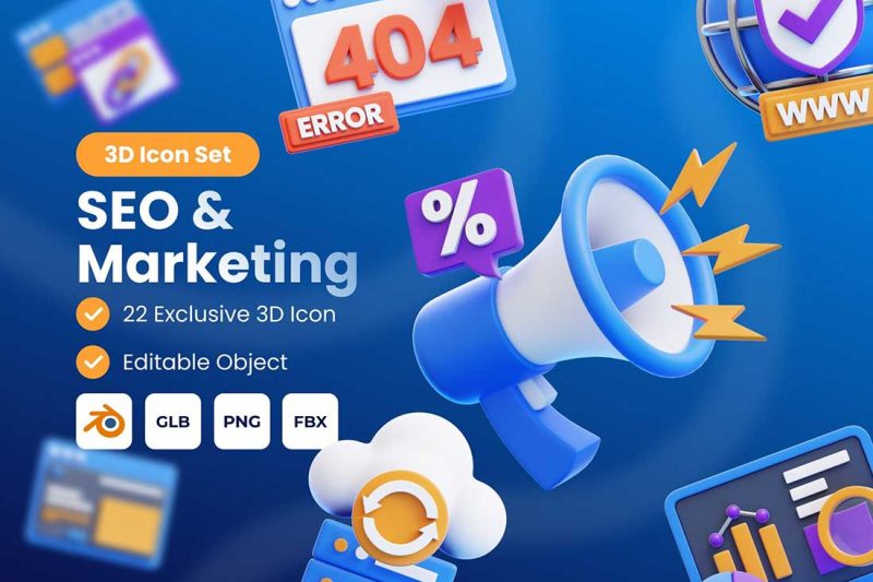 SEO营销主题3D图标模型素材下载(Blender,FBX,PNG) SEO & Marketing 3D Icon Set