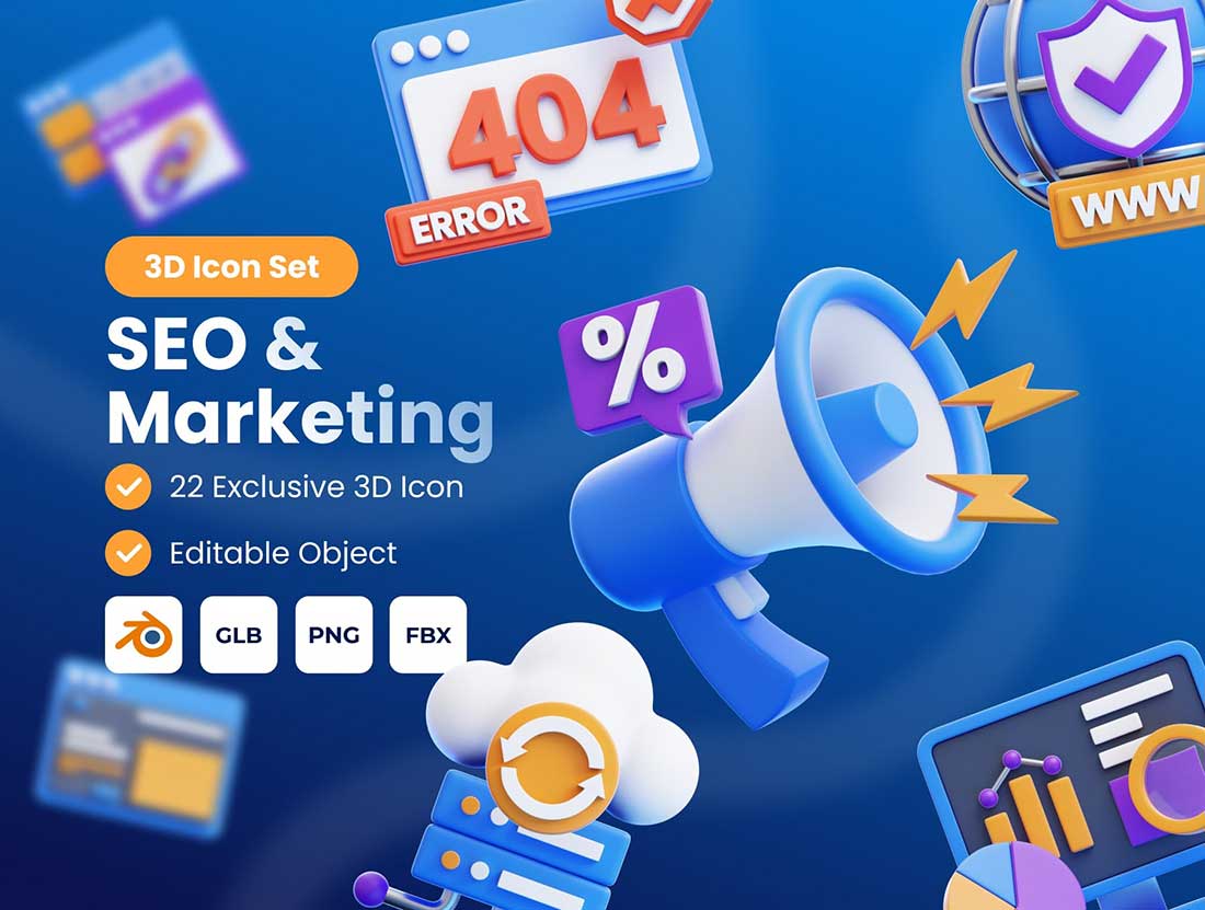 SEO营销主题3D图标模型素材下载(Blender,FBX,PNG) SEO & Marketing 3D Icon Set