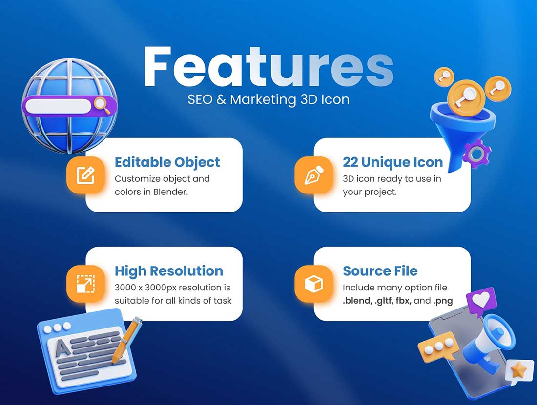 SEO营销主题3D图标模型素材下载(Blender,FBX,PNG) SEO & Marketing 3D Icon Set