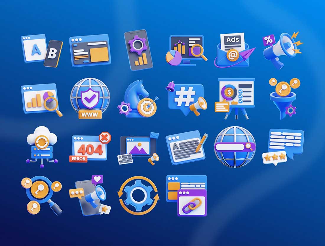 SEO营销主题3D图标模型素材下载(Blender,FBX,PNG) SEO & Marketing 3D Icon Set