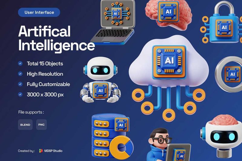 15种Blender人工智能主题3D图标模型素材 15 Artifical Intelligence 3D Icon