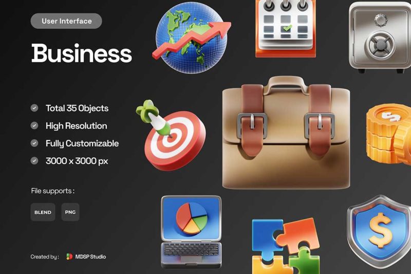 Blender商业商务主题图标3D模型素材 35 Business 3D Icon Set