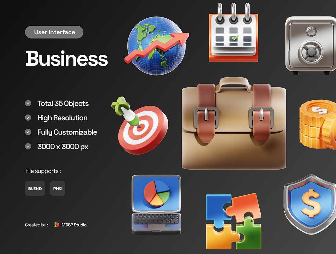 Blender商业商务主题图标3D模型素材 35 Business 3D Icon Set