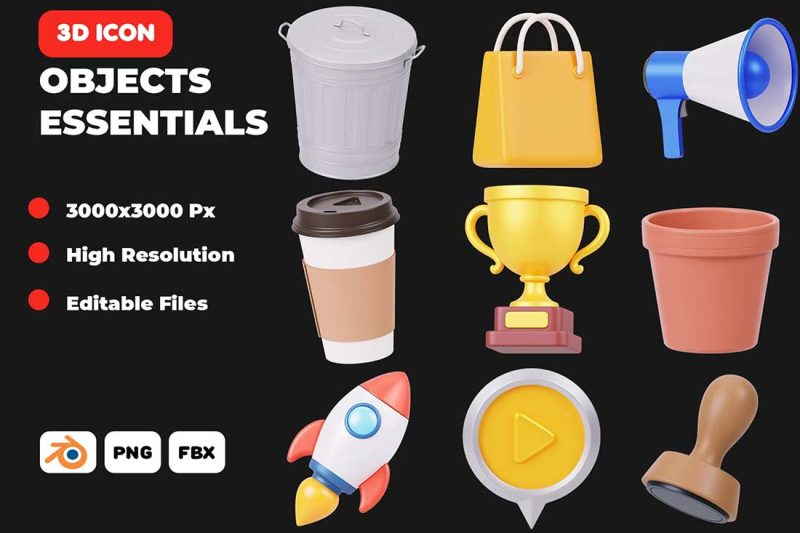 20款高品质日常用品3D图标模型素材 Objects Essentials 3D Icon Pack