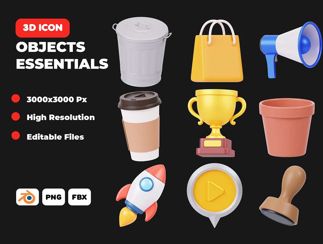 20款高品质日常用品3D图标模型素材 Objects Essentials 3D Icon Pack