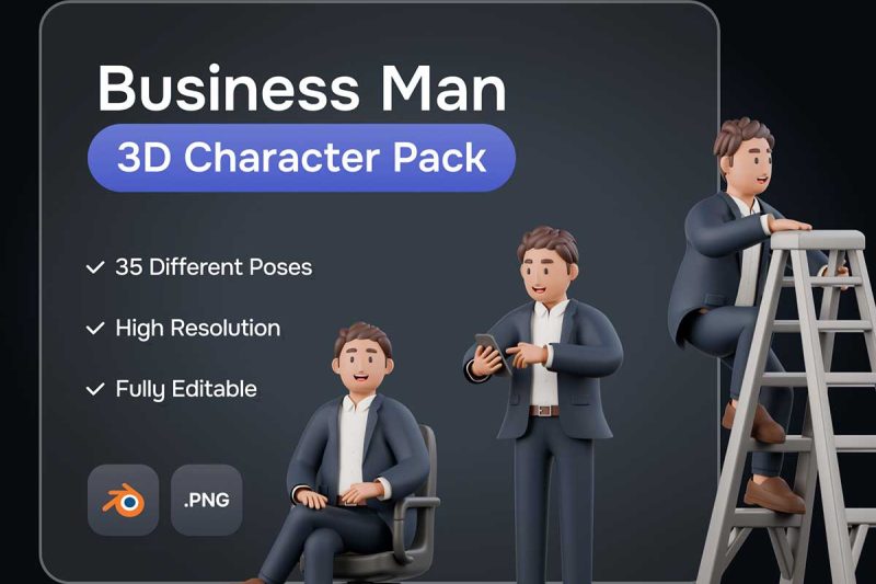 35个Blender高品质卡通全骨骼绑定商务男士3D角色模型素材 Business Man 3D Character Pack