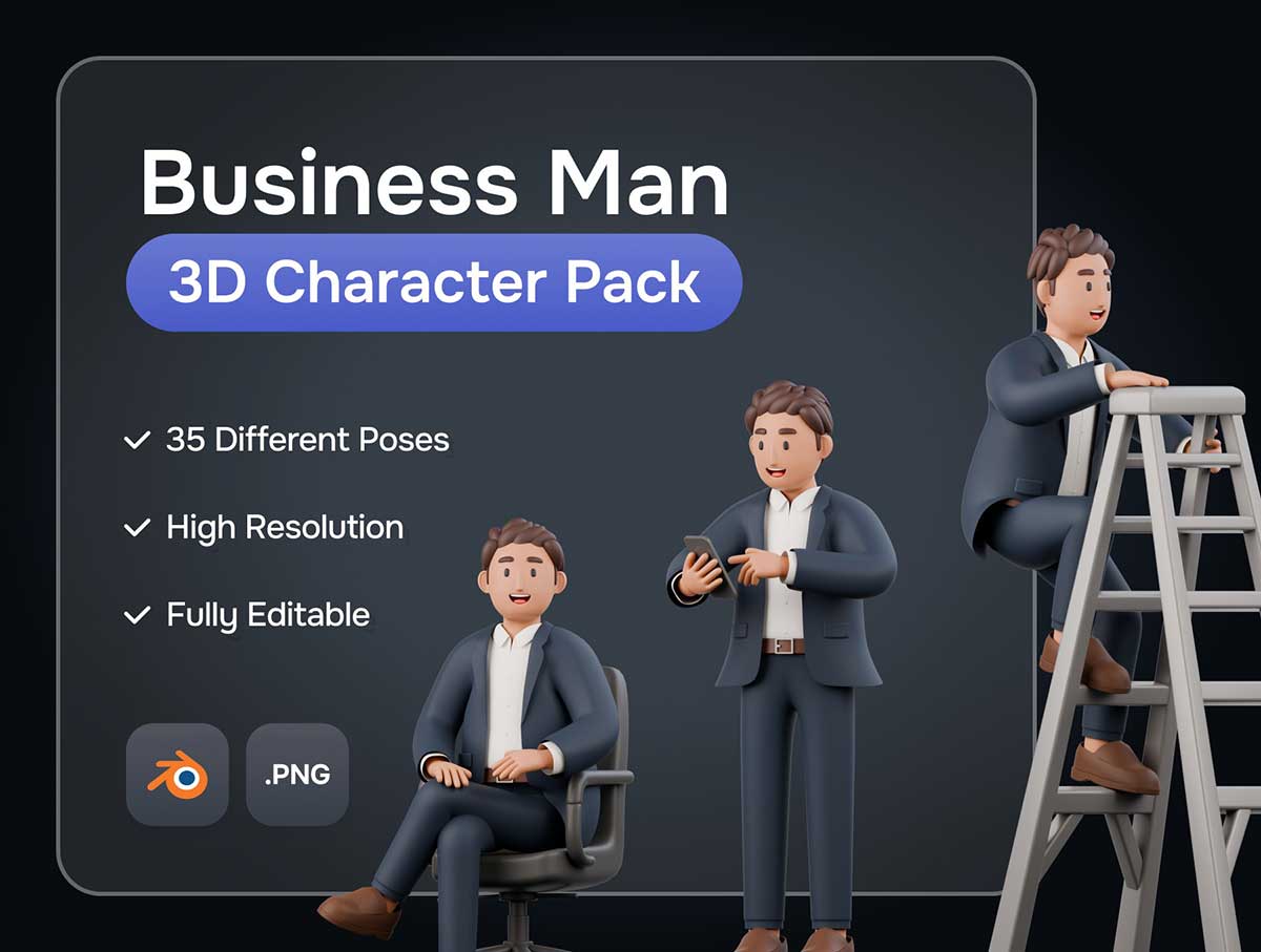 35个Blender高品质卡通全骨骼绑定商务男士3D角色模型素材 Business Man 3D Character Pack