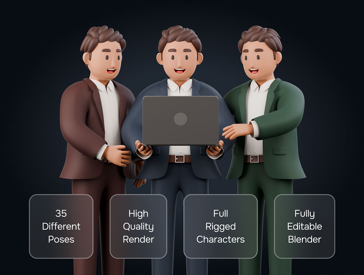 35个Blender高品质卡通全骨骼绑定商务男士3D角色模型素材 Business Man 3D Character Pack